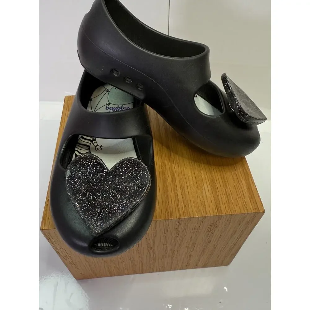 Baubles + Soles Black Heart Jelly Shoes Glitter Slip On Mary Jane Kids Size 8